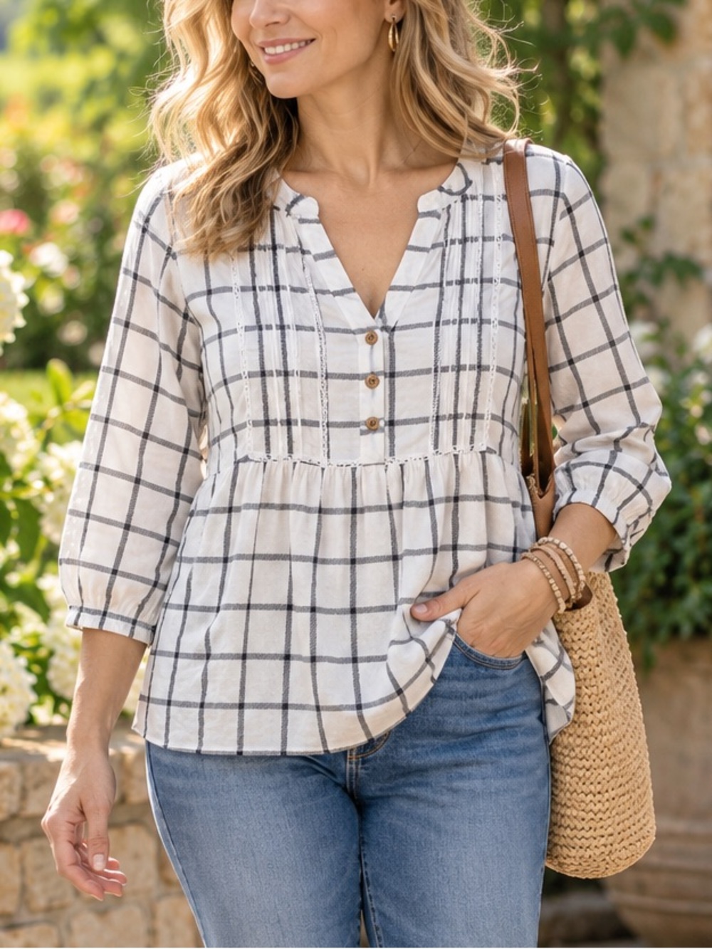 Wrangler Plaid Peasant Blouse White Black Size L Cottagecore Babydoll Viscose